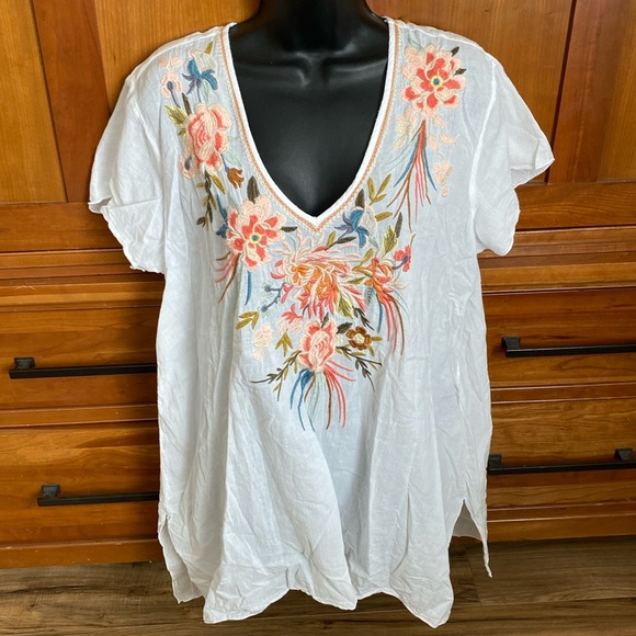 Johnny Was Tops - Johnny Was workshop embroidered floral bird cotton tunic top
